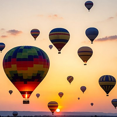 Colorful hot air balloons at sunset