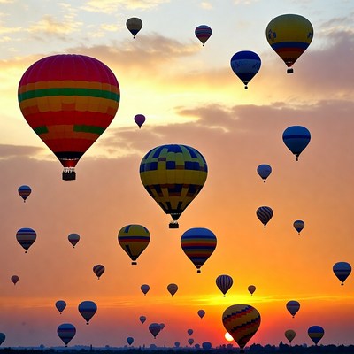 Colorful hot air balloons at sunset