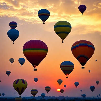Hot air balloons at sunset in the sky