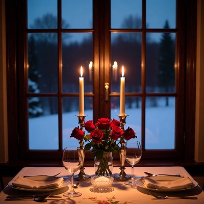 Dinner table setup by window at night