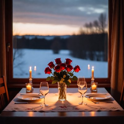 Romantic dinner setting with roses and candles