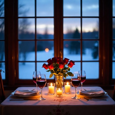 Dinner table with candles and roses