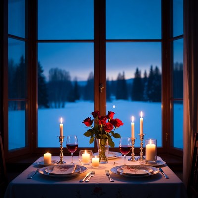 Dinner setup with roses at night