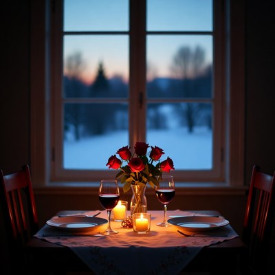 Dinner setting with roses and wine