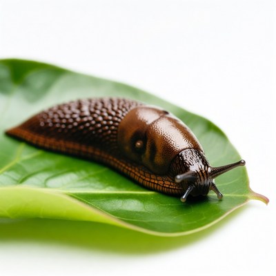 Brown slug on green leaf