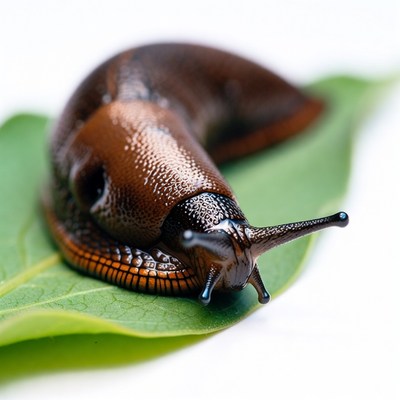 Brown slug on green leaf