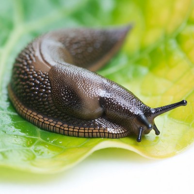 Slug resting on green leaf
