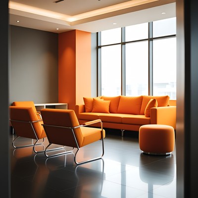 Modern lounge area with orange furniture
