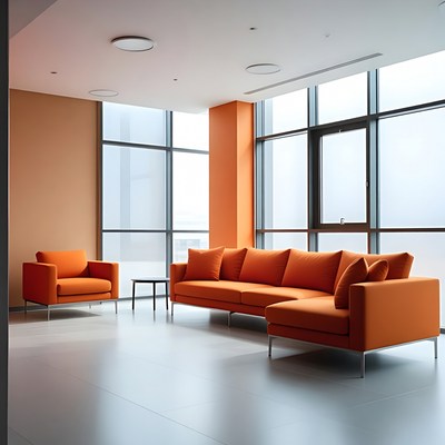 Modern living room with orange furniture