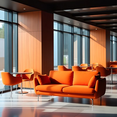 Modern lounge with orange furniture by windows