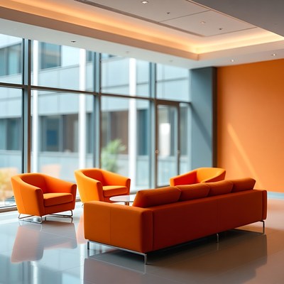 Modern lounge with orange furniture in office