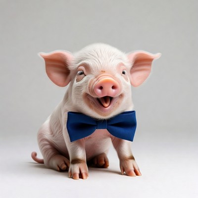 Pig with bow tie smiles happily