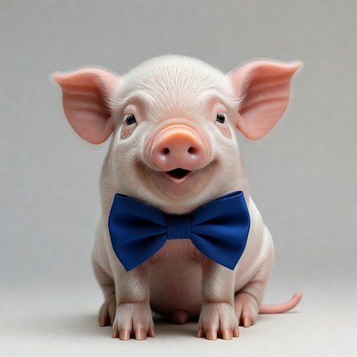 Pig wearing a blue bow tie