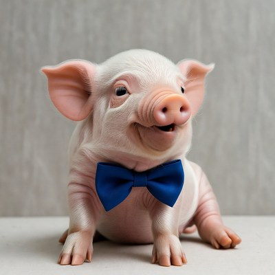 Piglet wearing a blue bow tie
