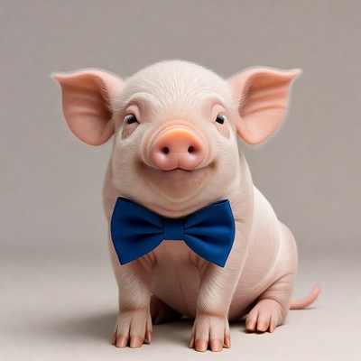 Pig with blue bow tie poses happily