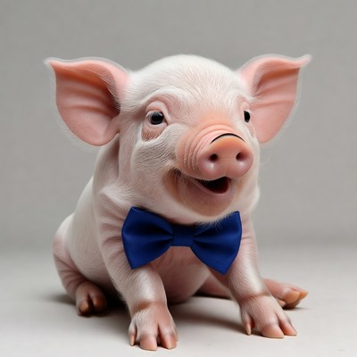 Smiling piglet wearing blue bow tie