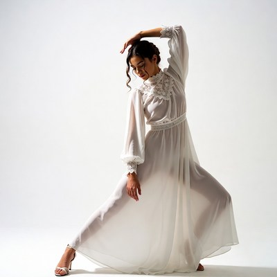 Model poses in elegant white dress