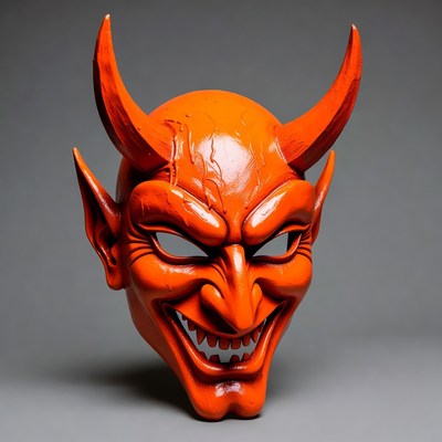 Orange demon mask on display