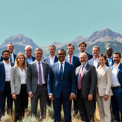 Group of business leaders in mountain setting