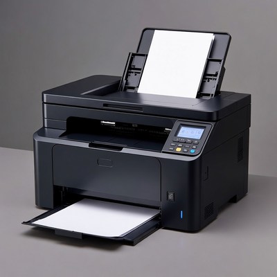 Printer on a grey table with paper