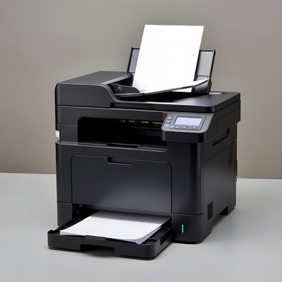 Printer on table with paper waiting