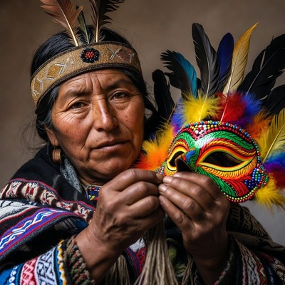 Woman crafts colorful mask in peru
