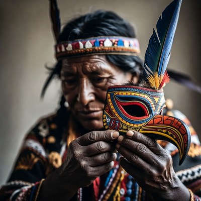 Elder crafts feathered mask in celebration