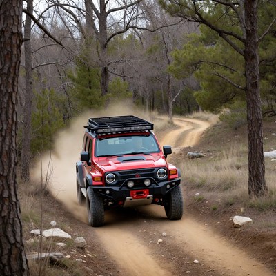 Red jeep driving on dirt path