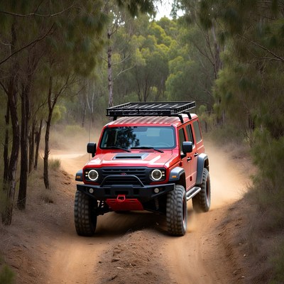 Red suv driving on dirt road