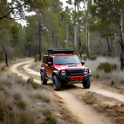 Red suv on dirt path in forest