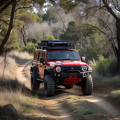 Off-road vehicle on dirt trail with trees