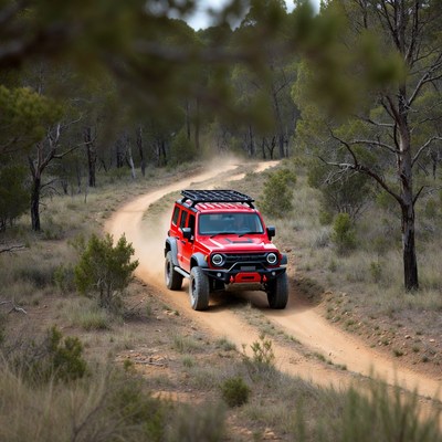 Red vehicle driving on dirt road