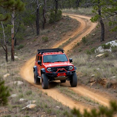 Off-road vehicle drives on dirt path