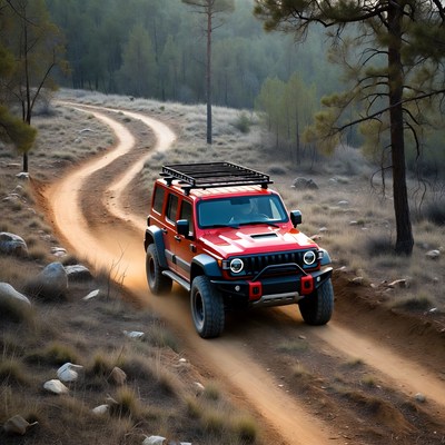 Red vehicle drives on dirt road