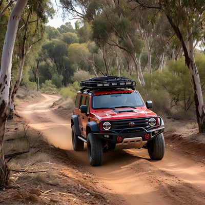 Offroad vehicle drives on dirt path