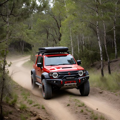 Off-road vehicle drives through forest trail
