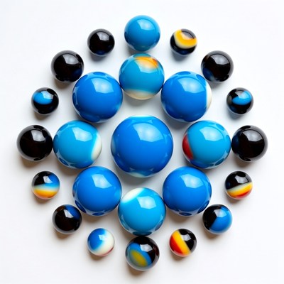 Colorful arrangement of marbles on flat surface