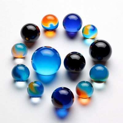 Colorful glass marbles on white surface