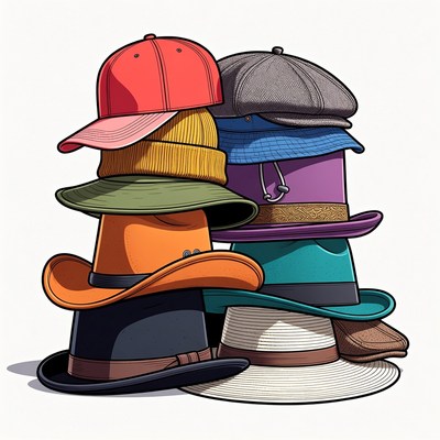 Stack of diverse hats in bright colors
