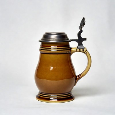Brown ceramic beer stein with lid