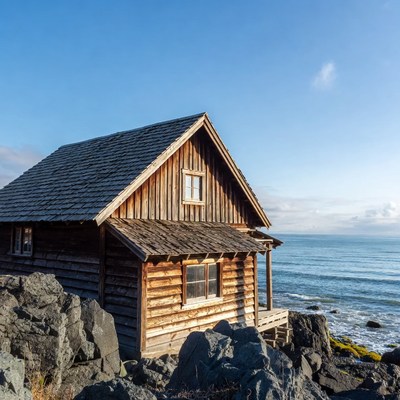 Wooden cabin by the ocean shore