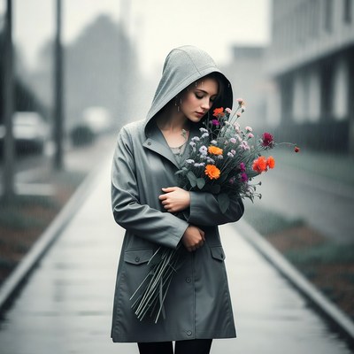 Woman with flowers on rainy street