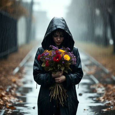 Person holding flowers in rain
