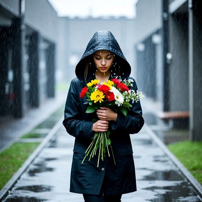 Woman holding flowers in the rain