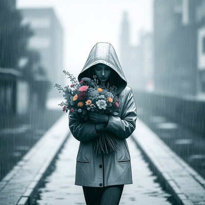 Woman in rain holding flowers
