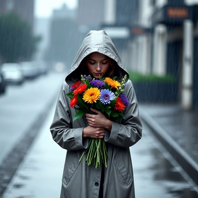 Woman with flowers in rain