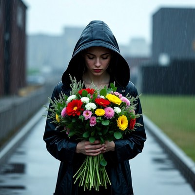Young person holding flowers in rain