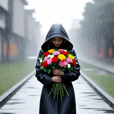 Woman with flowers in the rain
