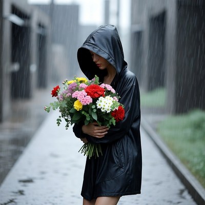 Woman holding flowers in rain