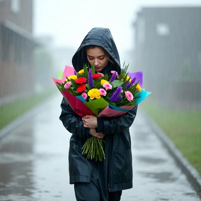 Woman with flowers in the rain